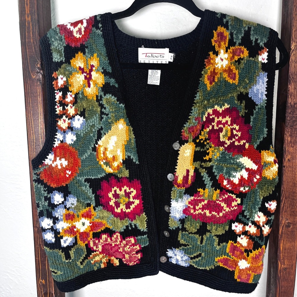 Talbots Vintage Floral Knit Vest Black Cotton Button Front Petites PS Grandma